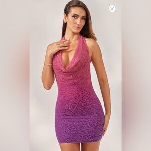 OH POLLY Namur Embellished Halter Neck Mini Dress Pink Purple Ombré US 10 UK 14